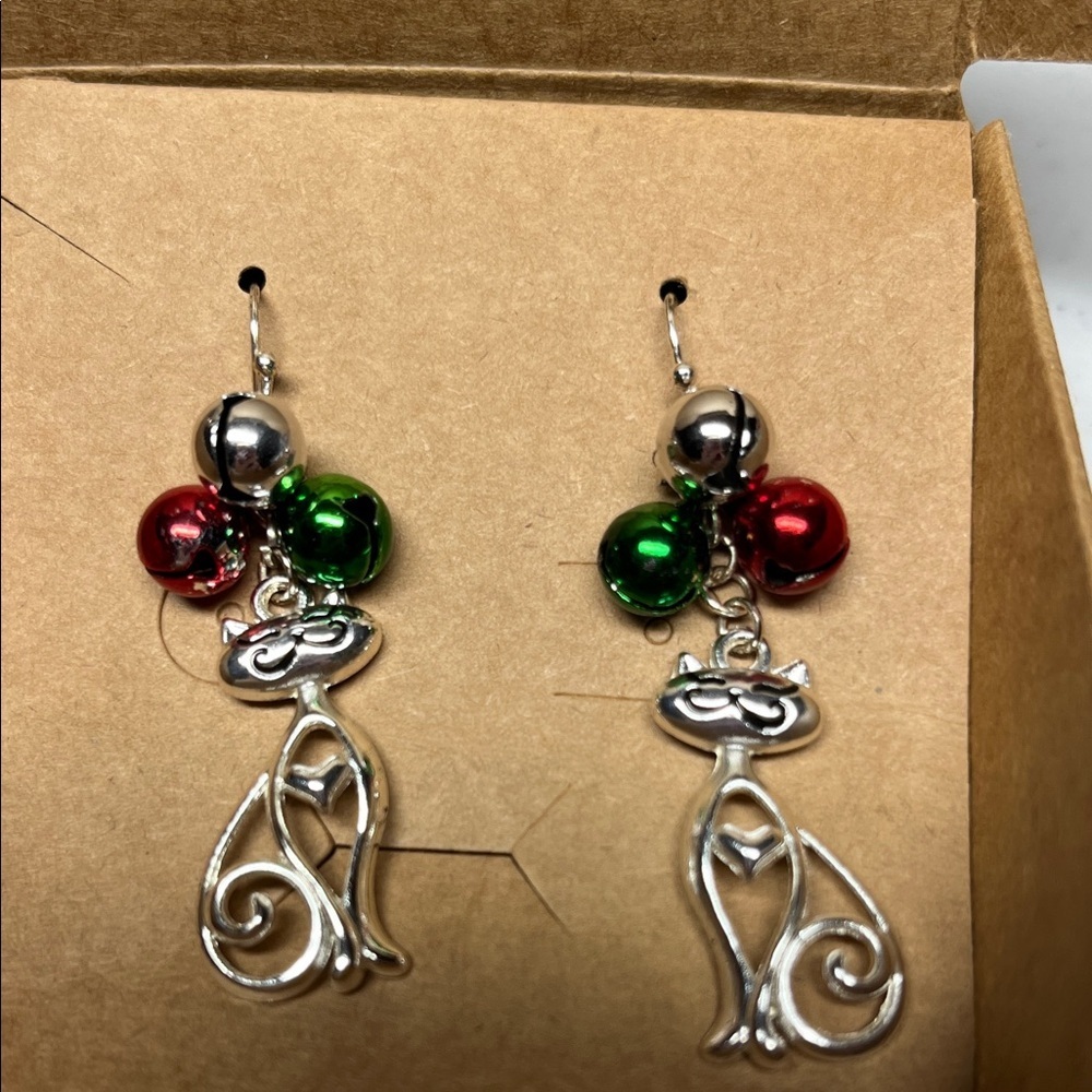 Silver Cat Earrings with Red and Green Accents